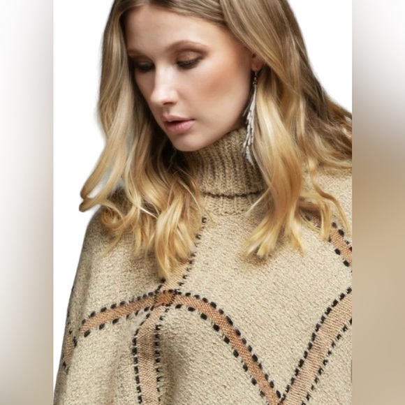 Bisquit Windowpane Plaid Turtle Neck Knit Poncho - Picture 5 of 5